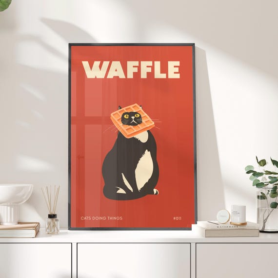 Cat Doing Things Black Waffle Face Poster Or Canvas Print Posters Funny Kitchen Decor Retro Wall Art Humorous