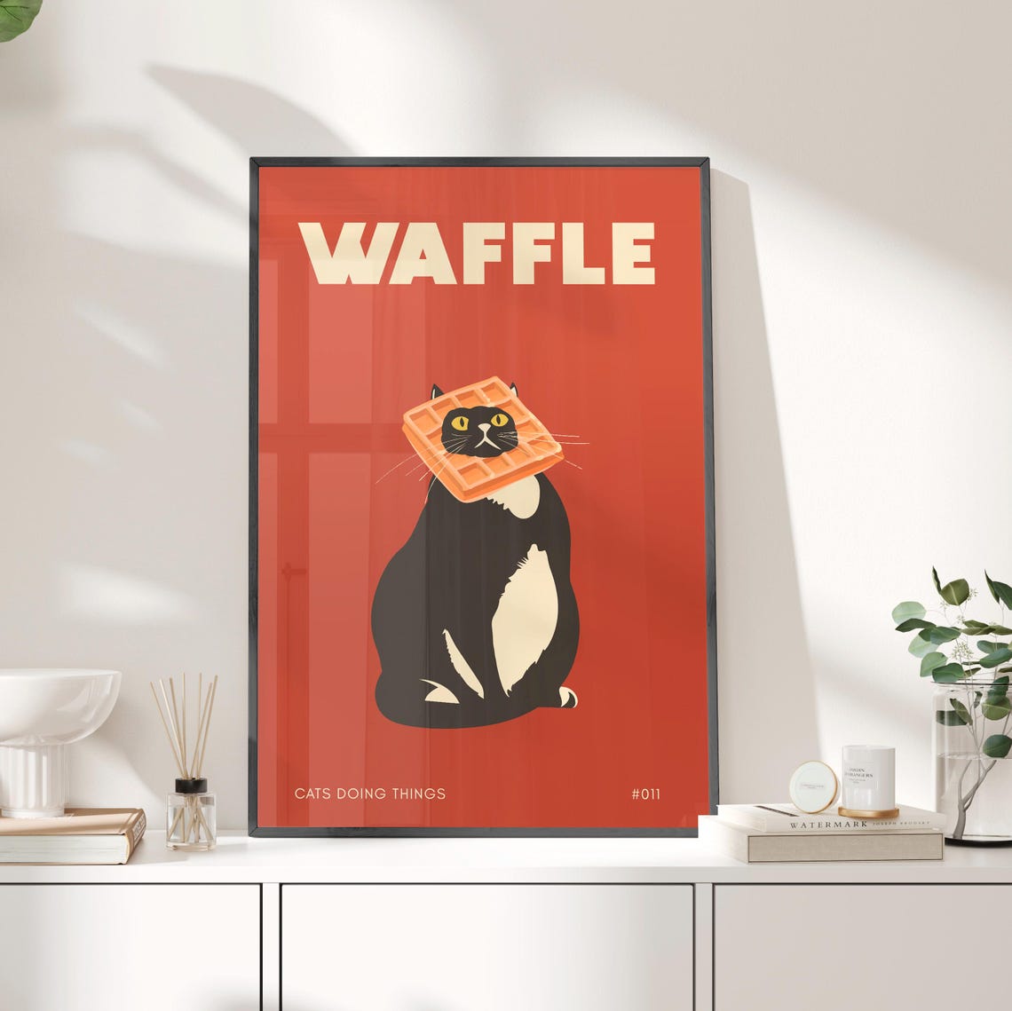 Funny Black Cat With Waffle Face Retro Red Kitchen Humor Poster