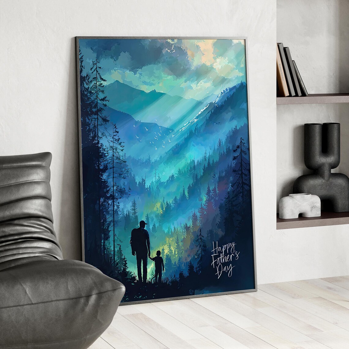 Father Son Forest Mountain Silhouette Happy Father's Day Sentiment Poster