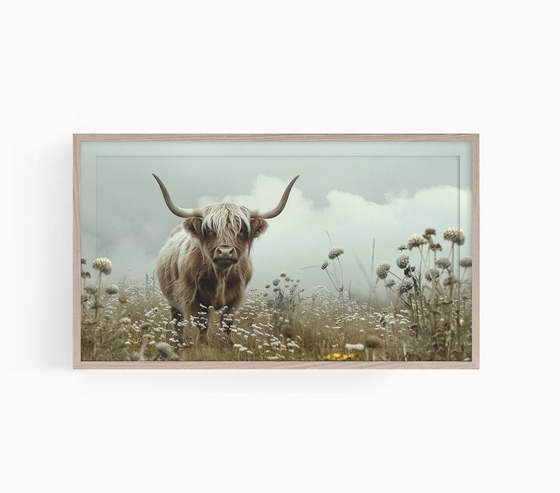 Highland Cow Wildflower Field Farm Country Animal Photo Wall Art