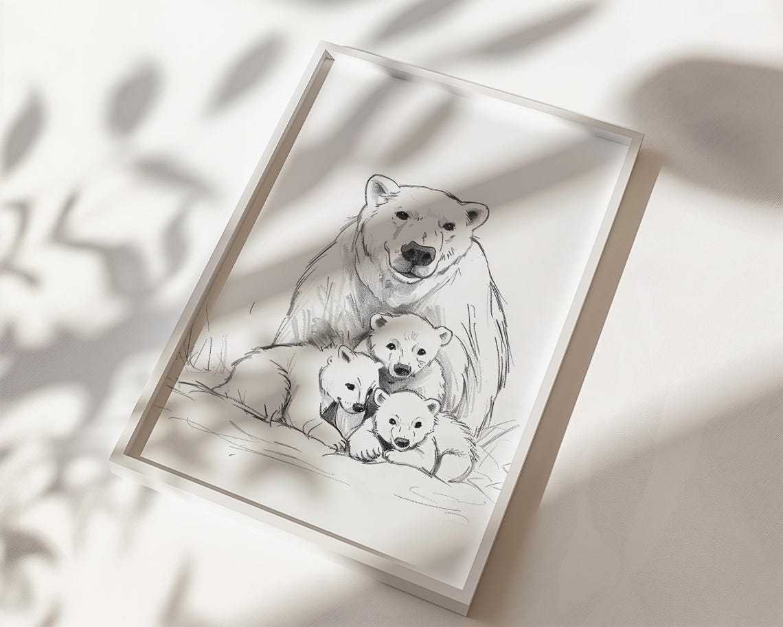 Polar Bear Mother With Three Cubs Pencil Sketch Winter Art Poster - Image 2
