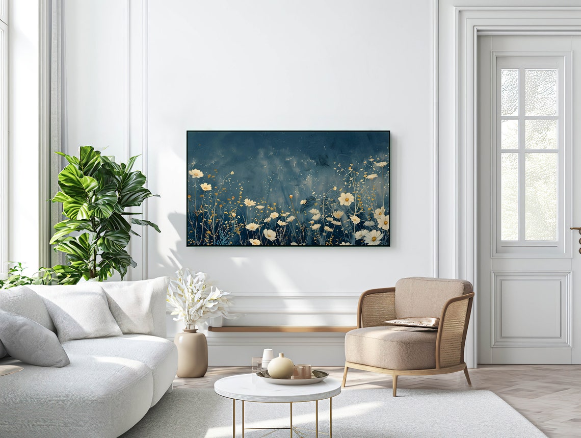 White Wildflowers Night Sky Dark Teal Botanical Floral Wall Art - Image 3