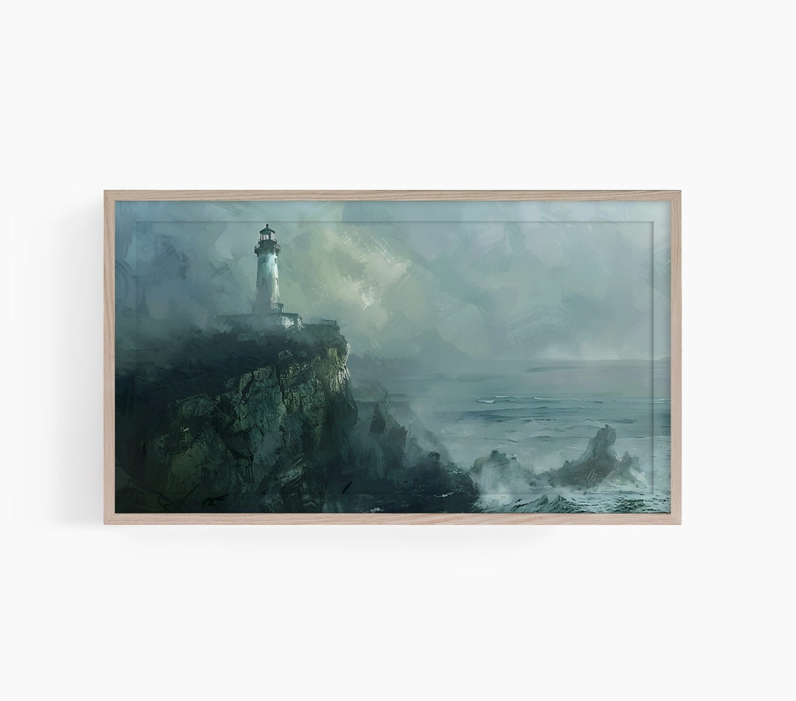 Moody Lighthouse Rocky Cliff Misty Teal Coastal Seascape Poster