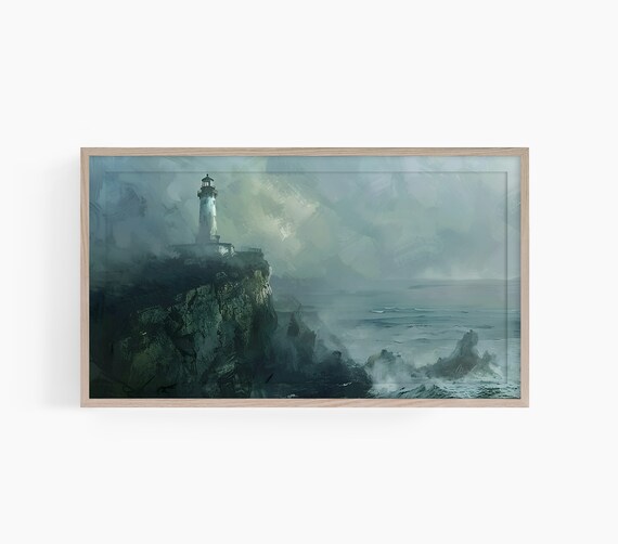 Moody Lighthouse Rocky Cliff Misty Teal Coastal Seascape Poster