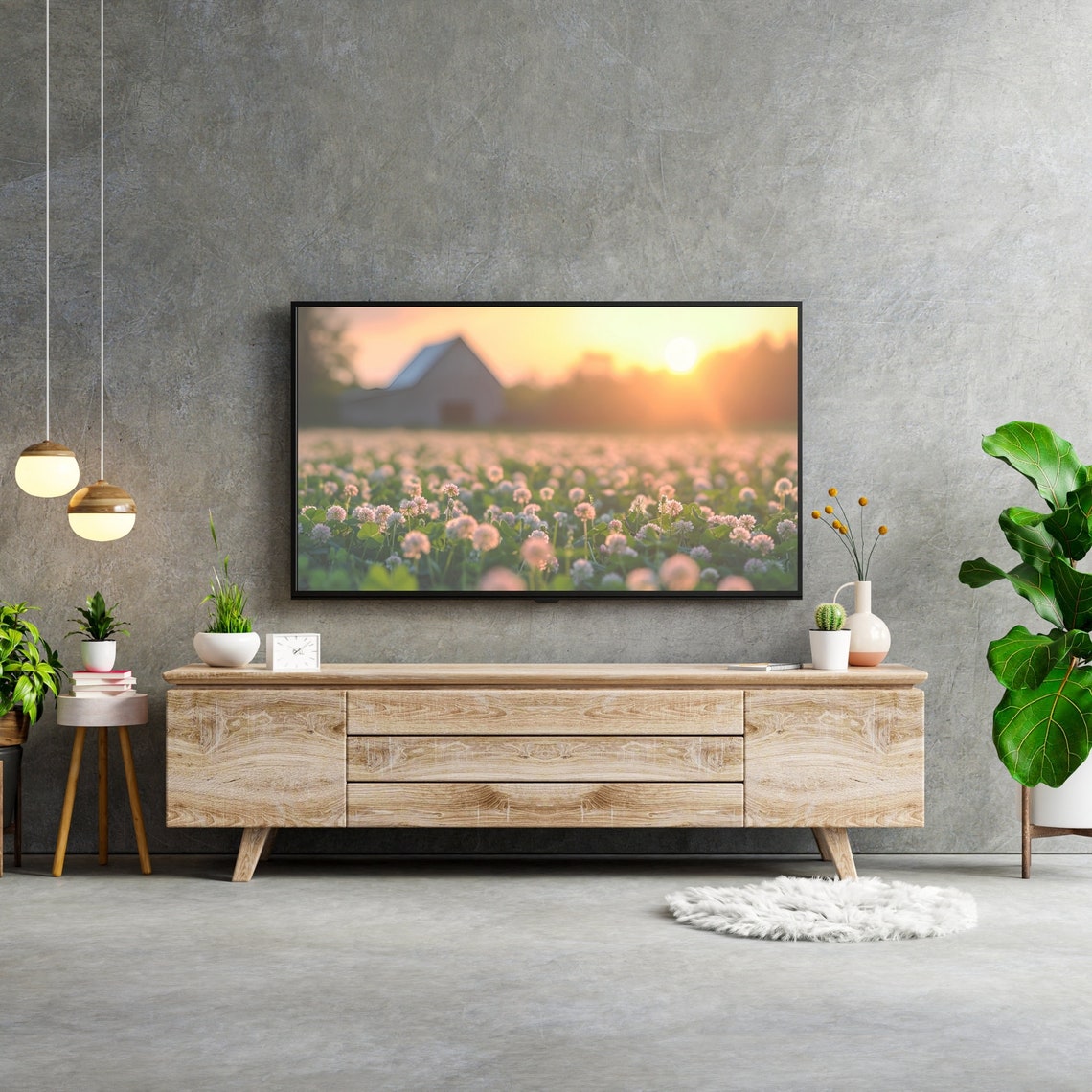 Rustic Barn Sunset Over White Clover Blossoms Field Art Poster - Image 3