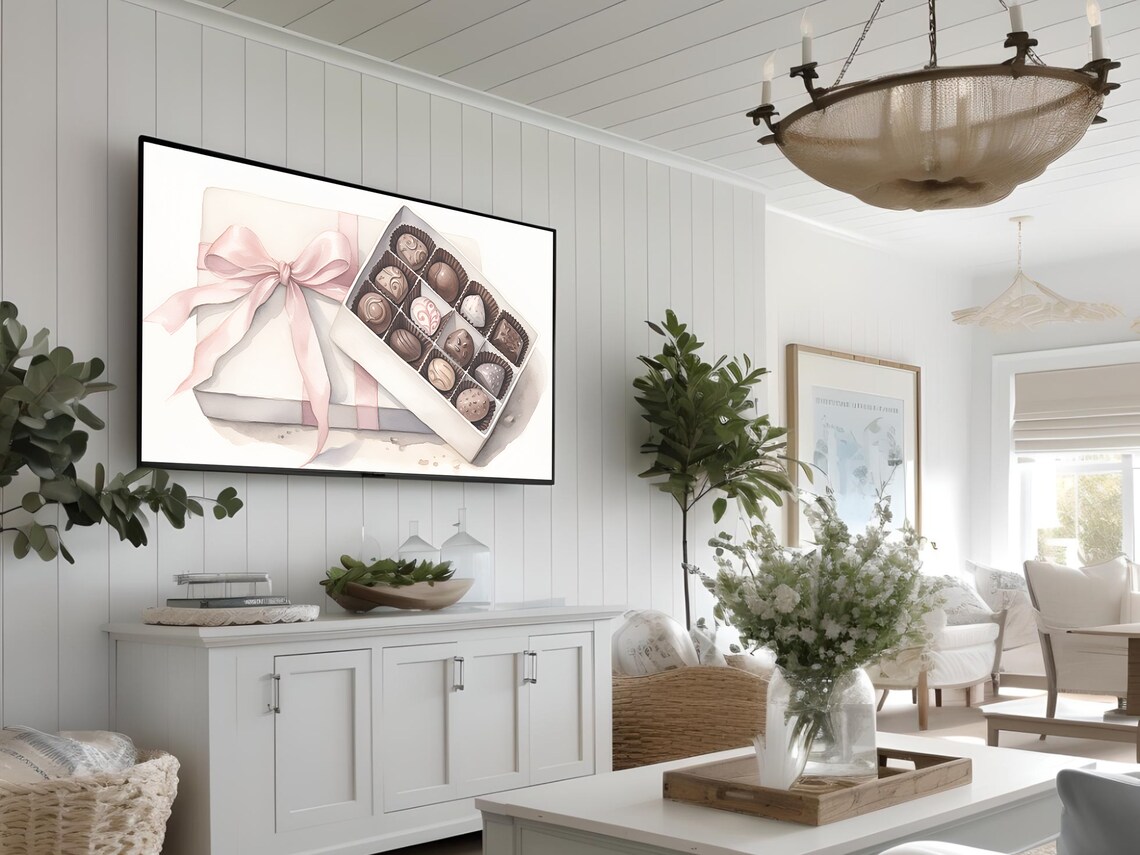 Watercolor Box Of Chocolates Pink Bow Valentine Sweet Wall Art - Image 3
