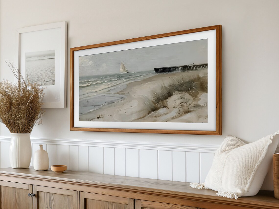 Moody Coastal Painting of a Sailboat Pier and Sand Dunes Poster - Image 2
