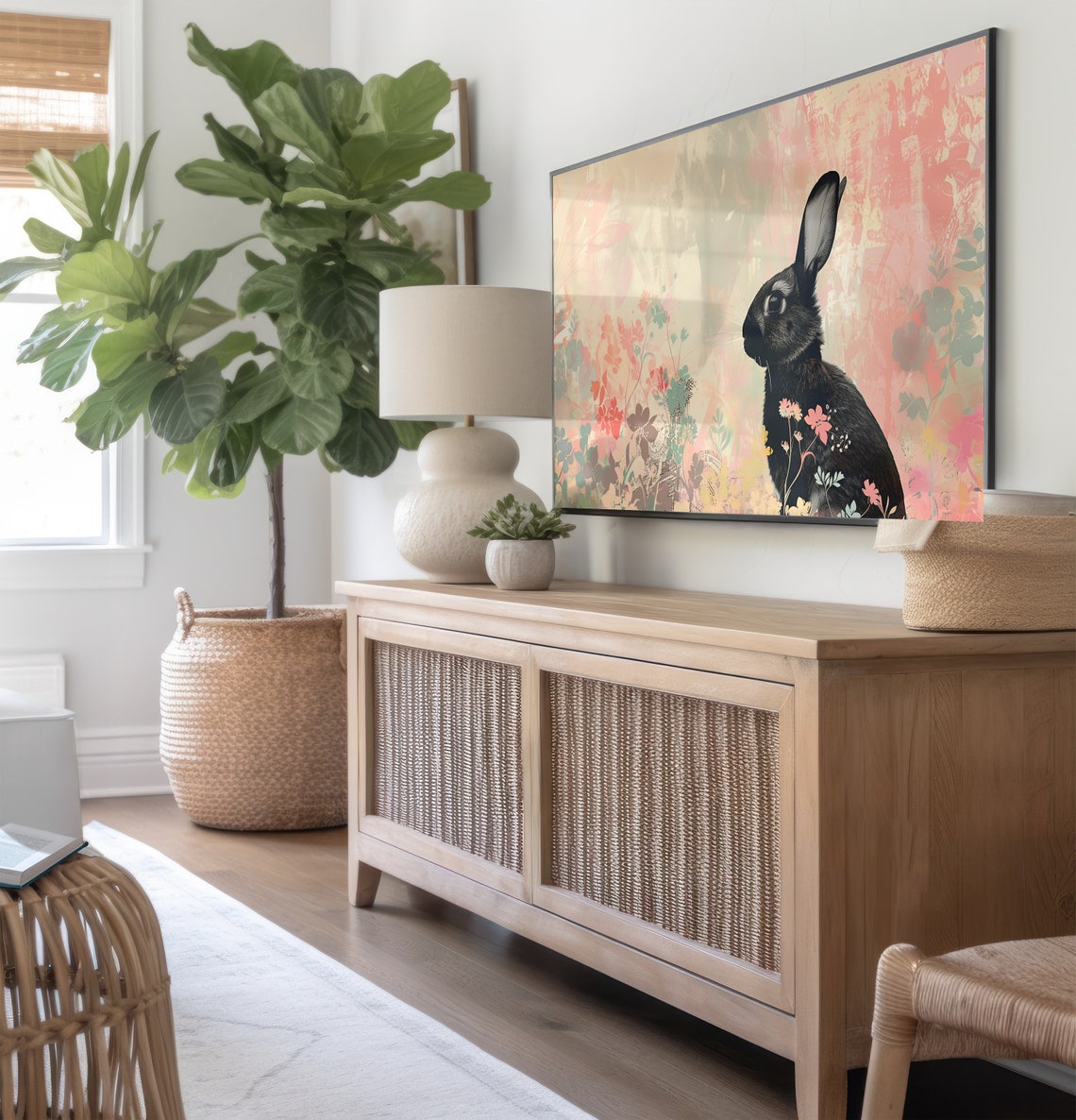 Black Rabbit Pink Wildflowers Floral Spring Easter Bunny Wall Art - Image 2