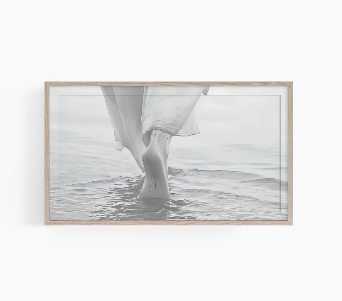 Jesus Walking on Water Footprint Monochrome Christian Faith Poster