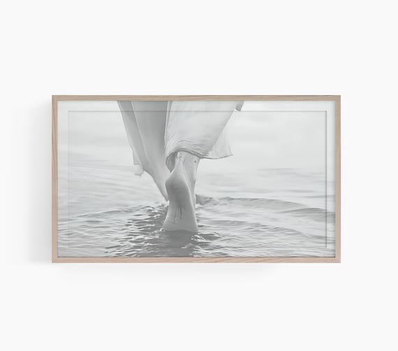 Jesus Walking on Water Footprint Monochrome Christian Faith Poster