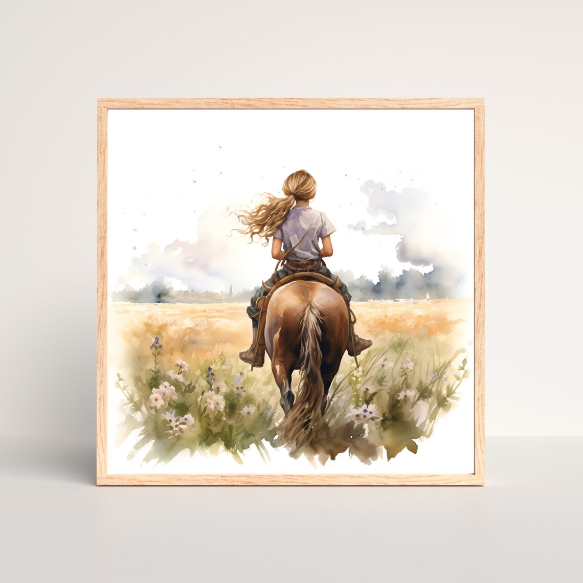 Girl On Horseback Riding Through Golden Field Watercolor Wall Art