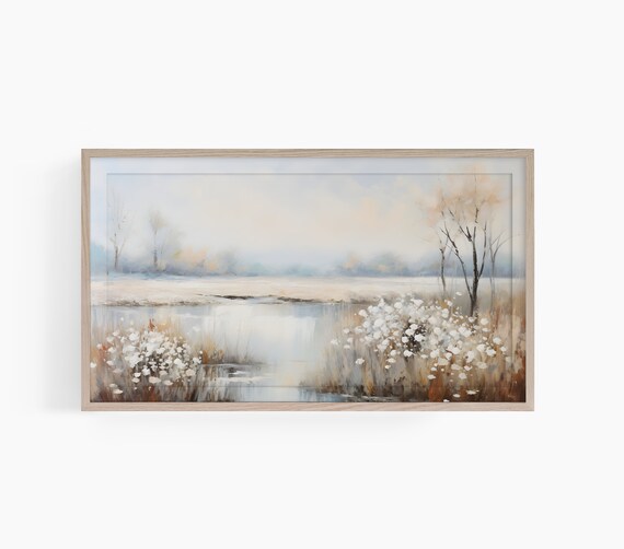 Spring Lakeside Wildflower Meadow Misty Morning Nature Scene Poster