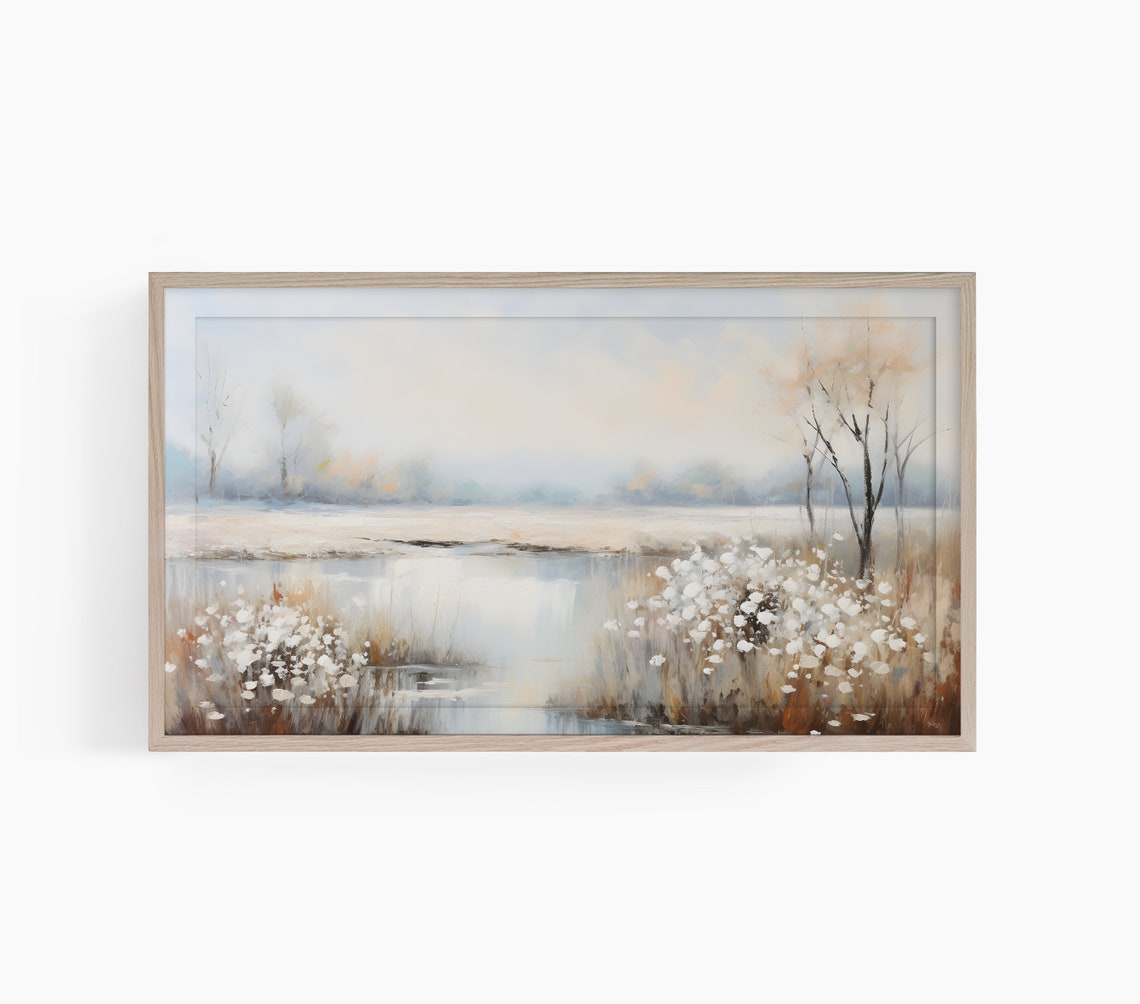 Spring Lakeside Wildflower Meadow Misty Morning Nature Scene Poster