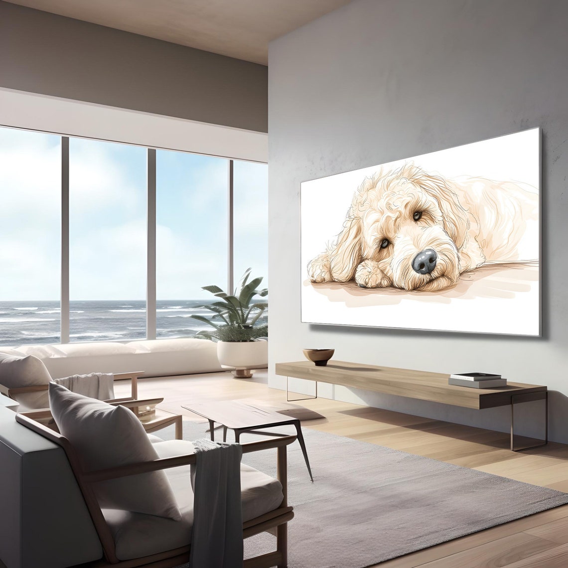 Adorable Cream Golden Doodle Dog Resting Watercolor Sketch Poster - Image 2