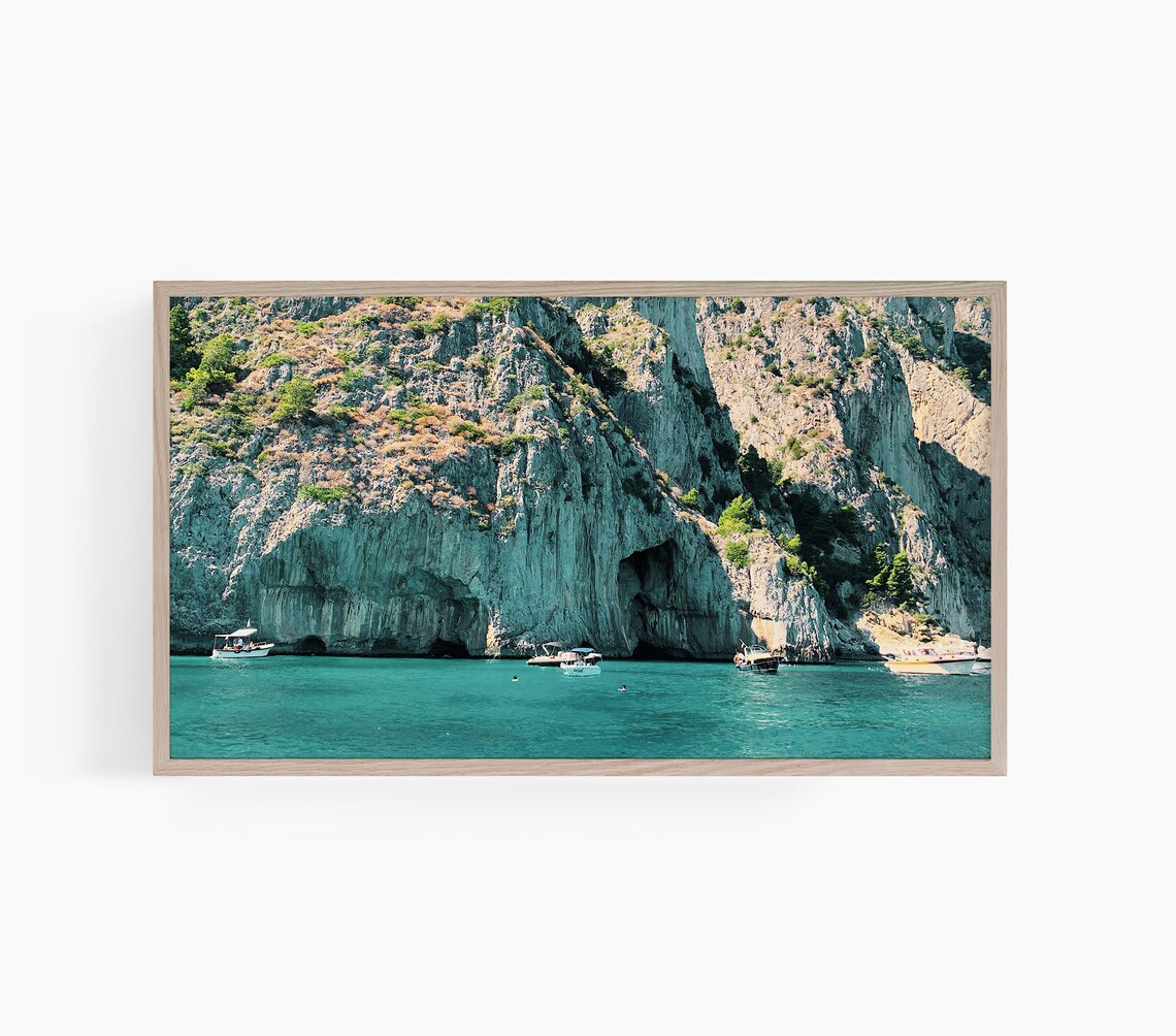 Amalfi Coast Sea Cliffs Boats Turquoise Water Mediterranean Travel Poster