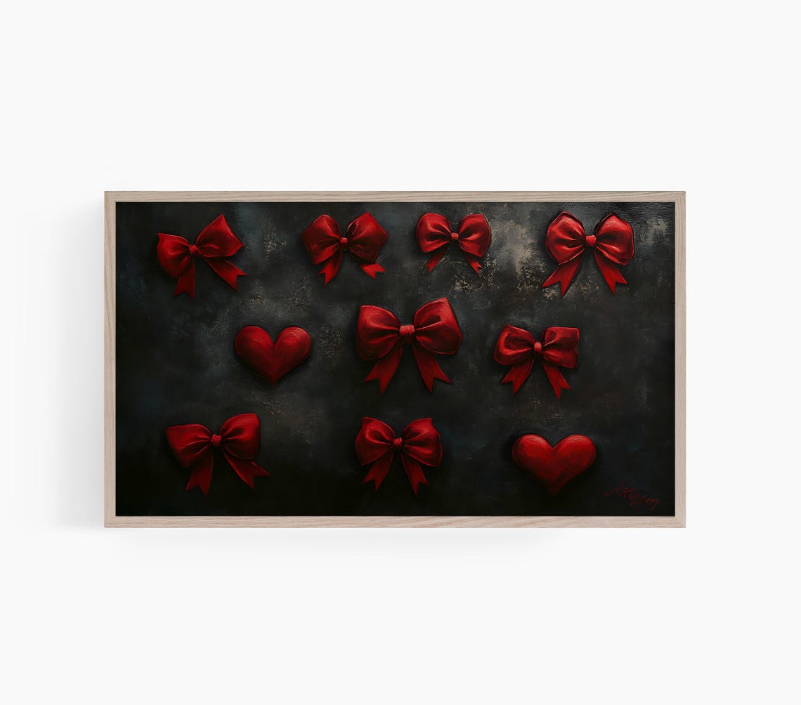 Red Ribbon Bows Hearts Black Background Elegant Holiday Poster