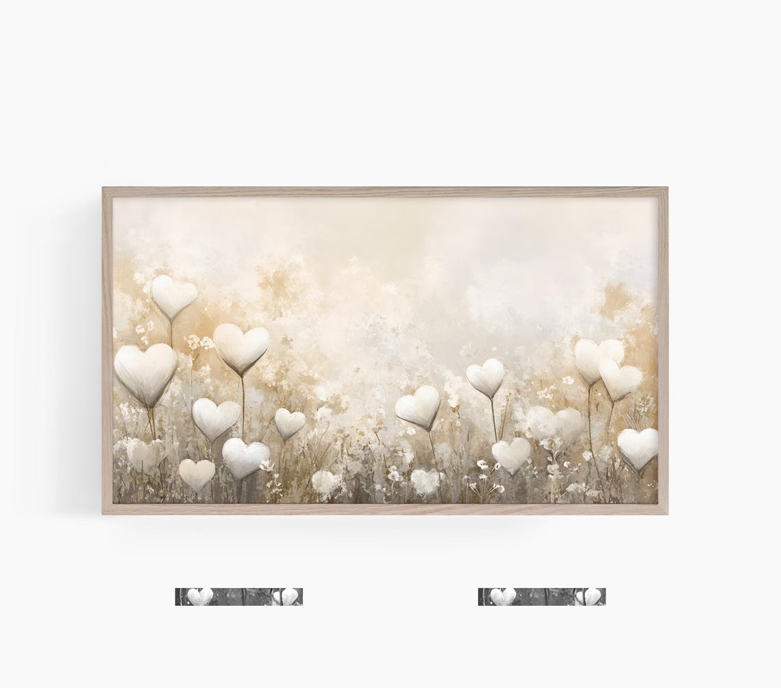 Beige Watercolor Heart Flower Field Romantic Neutral Nursery Poster