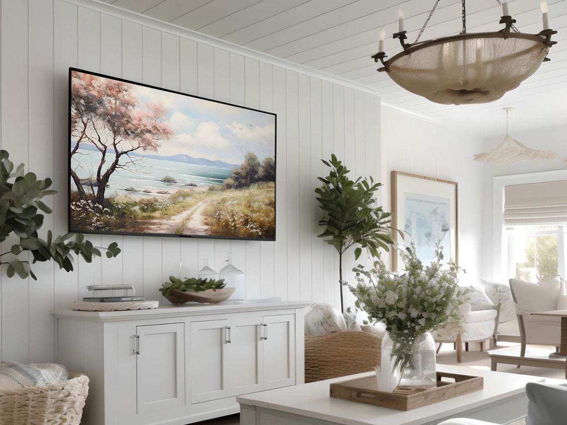 Coastal Path To The Sea Blooming Trees Mountain View Seascape Poster - Image 3