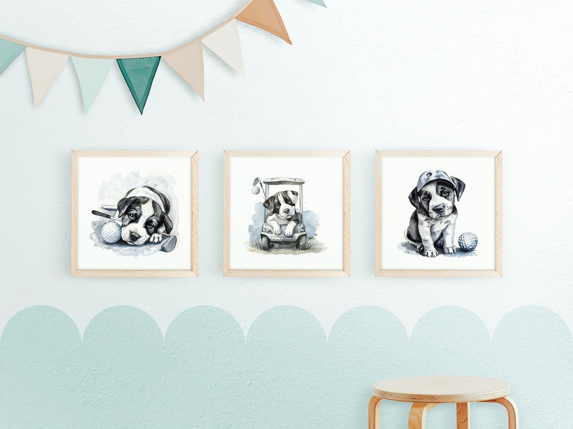 Cute Watercolor Puppy Golf Trio Nursery Baby Shower Wall Art - Image 2