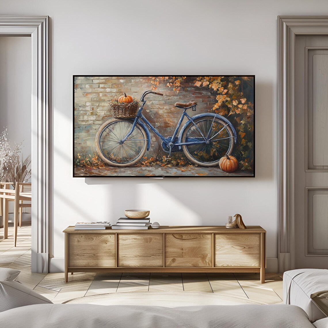 Blue Bicycle With Pumpkin Basket Fall Brick Wall Autumn Harvest Wall Art - Image 3