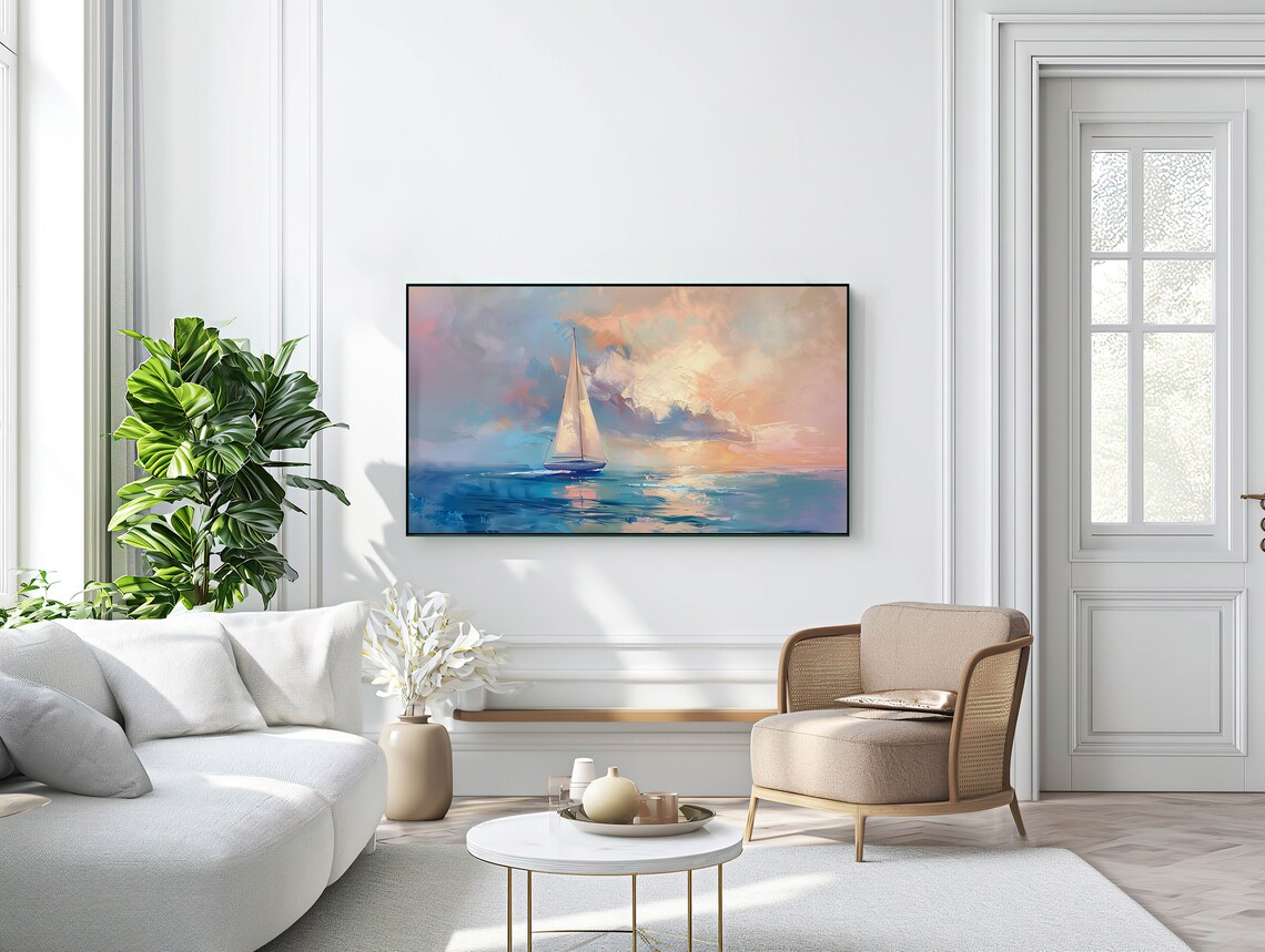 Pastel Sailboat Gliding Under Sunset Sky Ocean Seascape Painting Poster - Image 2