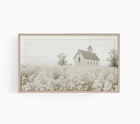 White Church Wildflower Field Soft Neutral Country Chapel Poster