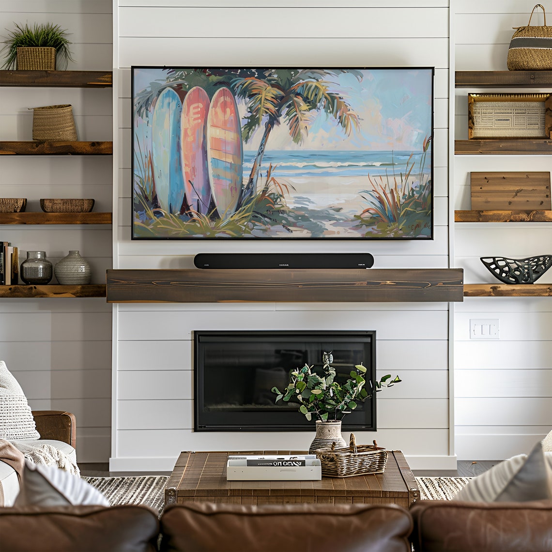 Colorful Surfboards Under a Palm Tree on the Beach Painting Poster - Image 3