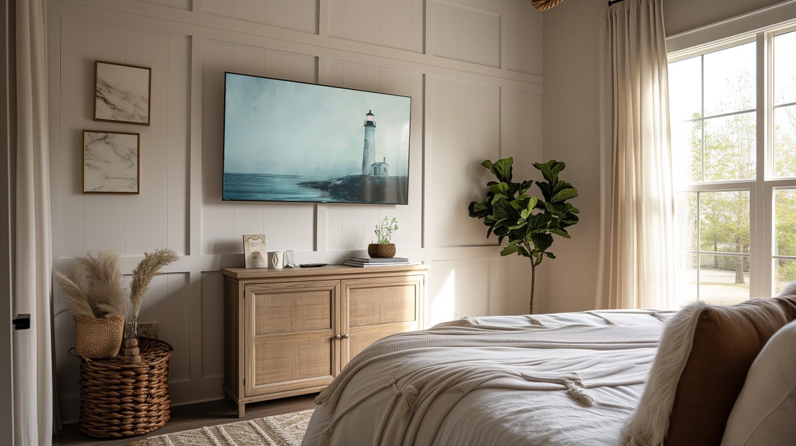 Misty White Lighthouse Rocky Coast Seascape Painting Art Poster - Image 3