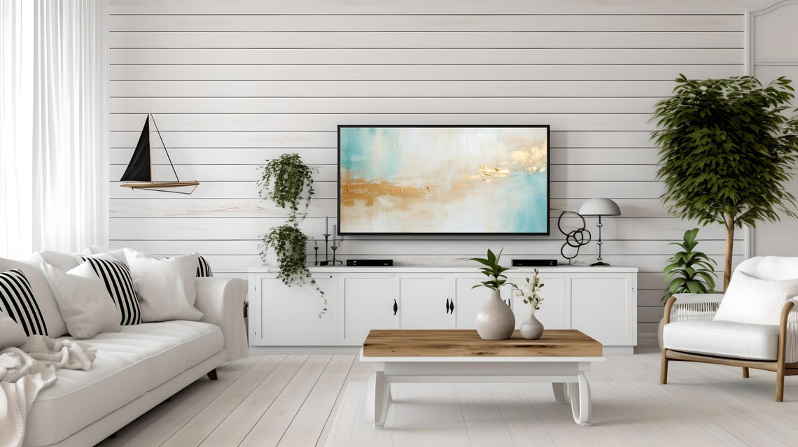 Turquoise Gold and White Abstract Coastal Modern Painting Poster - Image 2