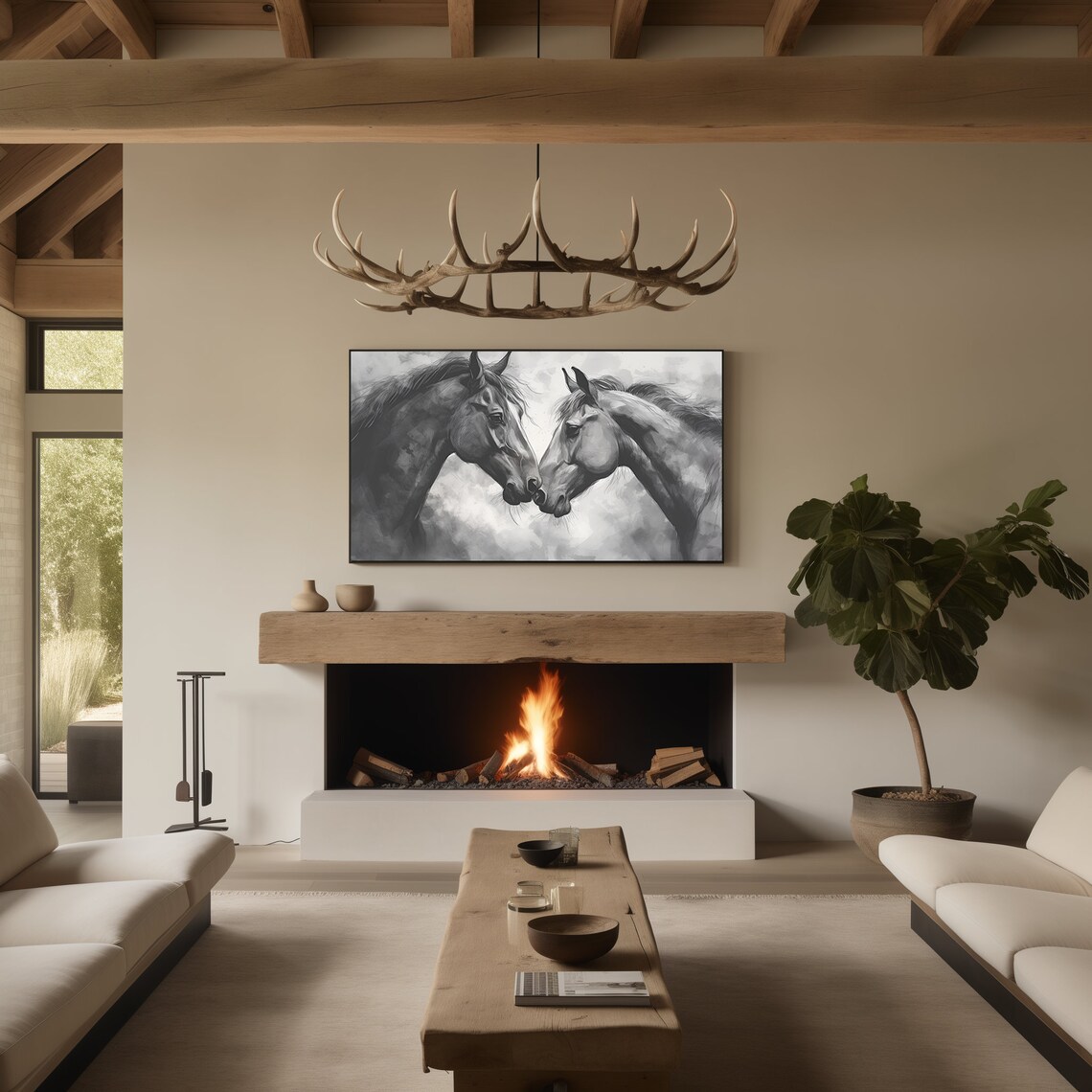Two Black Horses Nose To Nose Grayscale Watercolor Love Wall Art - Image 2