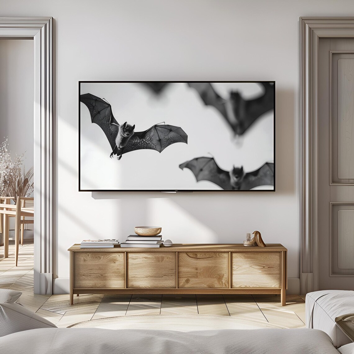 Flying Bats Black And White Spooky Halloween Night Gothic Wildlife Wall Art - Image 3