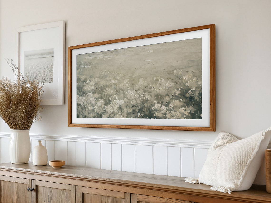 White Wildflower Meadow in a Neutral Abstract Painting Poster - Image 2