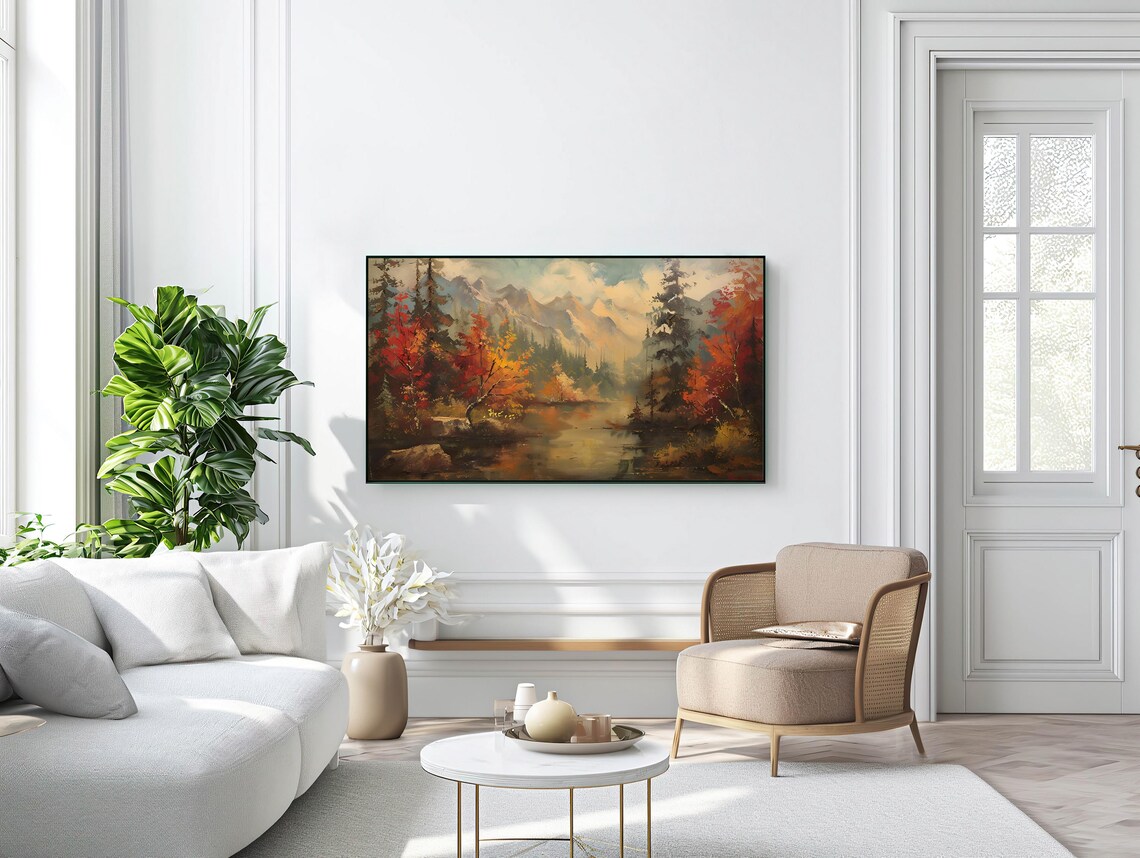 Autumn Mountain Lake Golden Fall Foliage Reflection Vintage Landscape Wall Art - Image 3