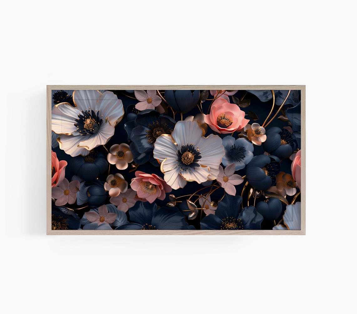 Navy Dark Floral Pink Blossoms Gold Accents Botanical Art Poster
