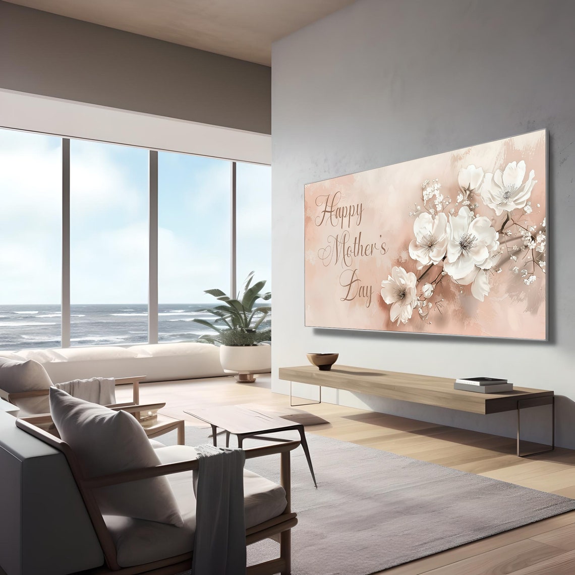 Happy Mothers Day Script White Blossom Floral Tribute Art Poster - Image 2