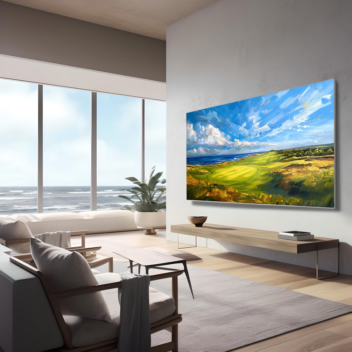 Impressionist Golf Course Fairway Beside the Ocean Painting Poster - Image 3