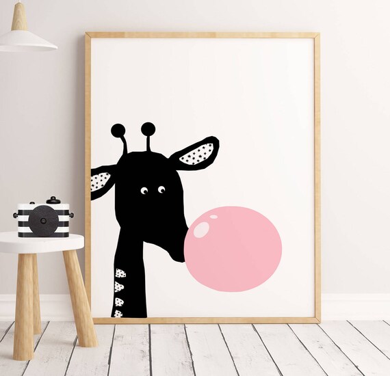 Giraffe Blowing Pink Bubblegum Bubble Monochrome Kids Wall Art