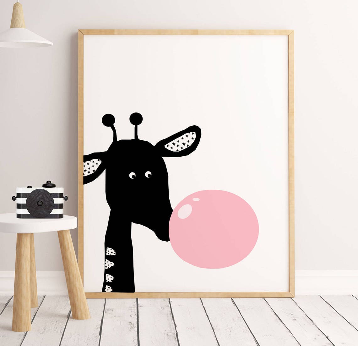 Giraffe Blowing Pink Bubblegum Bubble Monochrome Kids Wall Art