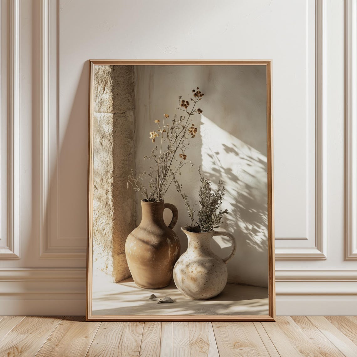 Rustic Terracotta Jugs Dried Wildflowers Sunlit Stone Art Print