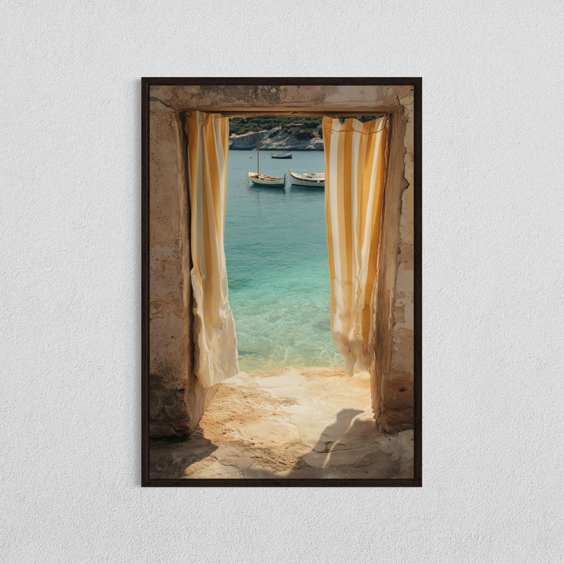 Rustic Doorway with Striped Curtains Overlooking the Sea Print