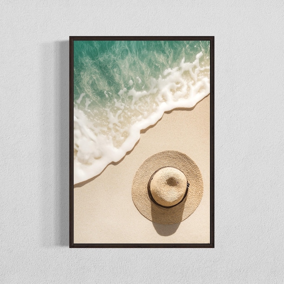 Straw Sun Hat on Sand Aerial Beach Waves Minimalist Wall Art