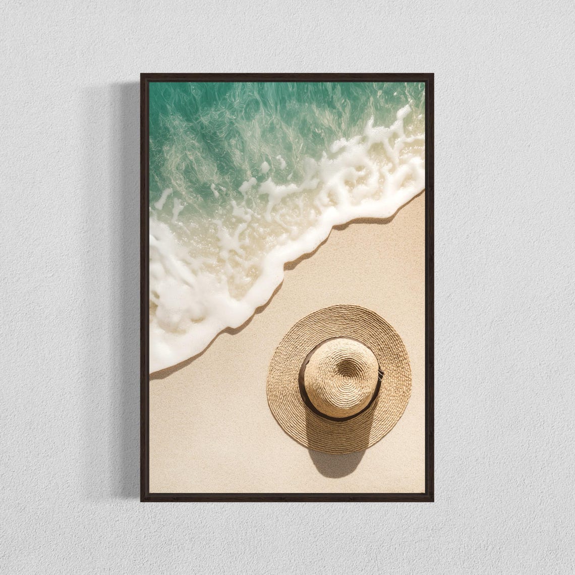 Aerial Straw Hat on the Sand as Ocean Waves Roll In Coastal Print