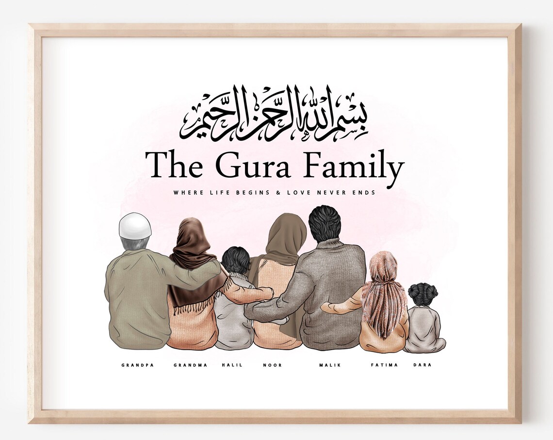 Custom Faceless Muslim Family Portrait Islamic Home Gift Poster
