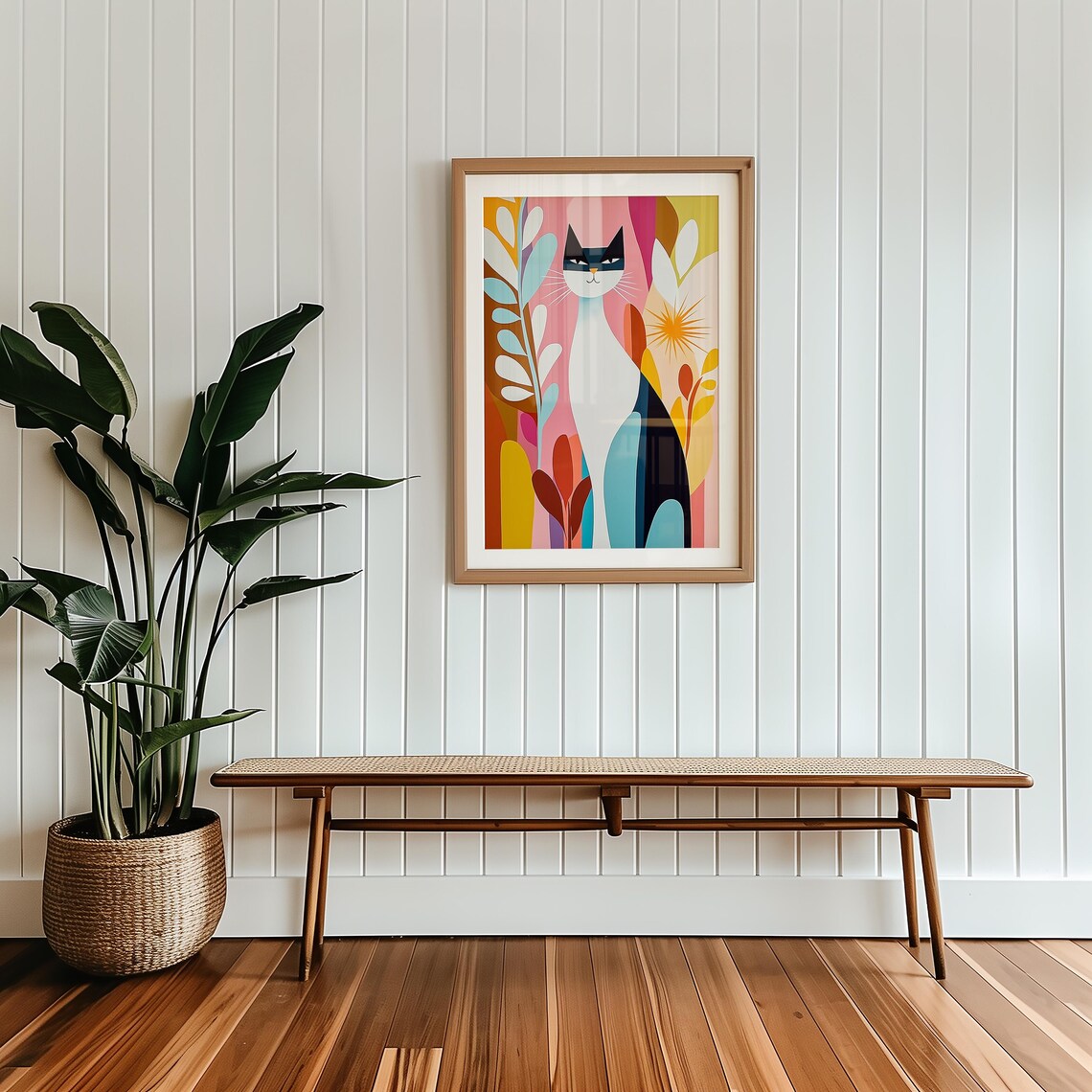 Mid Century Modern Cat Tuxedo Kitty Colorful Foliage Fun Poster - Image 4