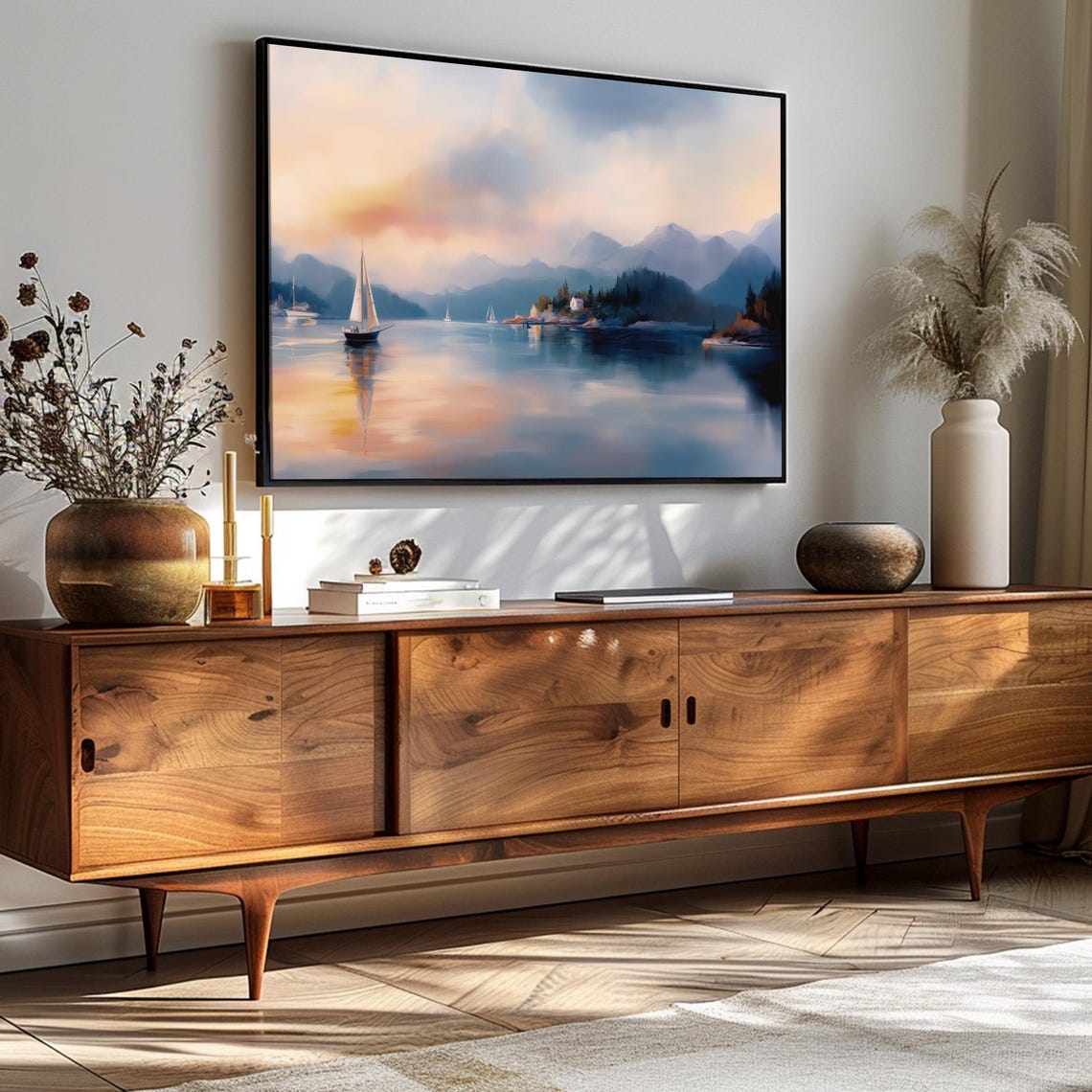 Tranquil Sailboats Sunset Calm Lake Mountains 4K Frame TV Art Poster - Image 3