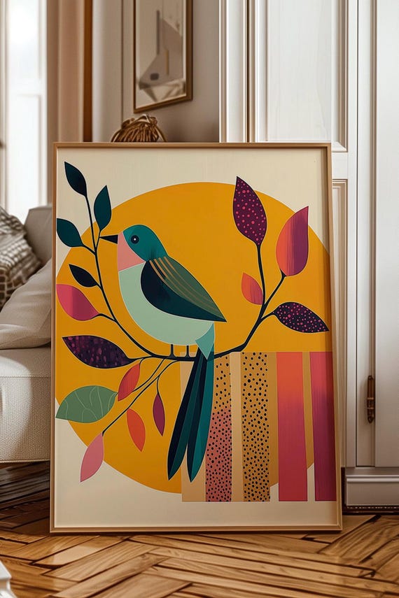 Modern Abstract Bird Art Print Bold Geometric Nature Wall Decor Mid Century Colorful Boho