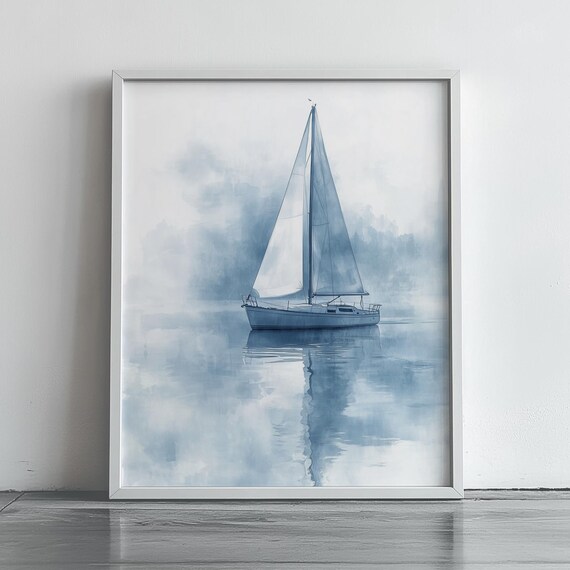 Minimalist Sailboat On Misty Water Soft Blue Watercolor Poster