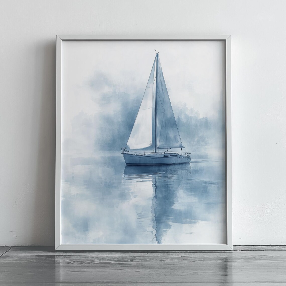 Minimalist Sailboat On Misty Water Soft Blue Watercolor Poster