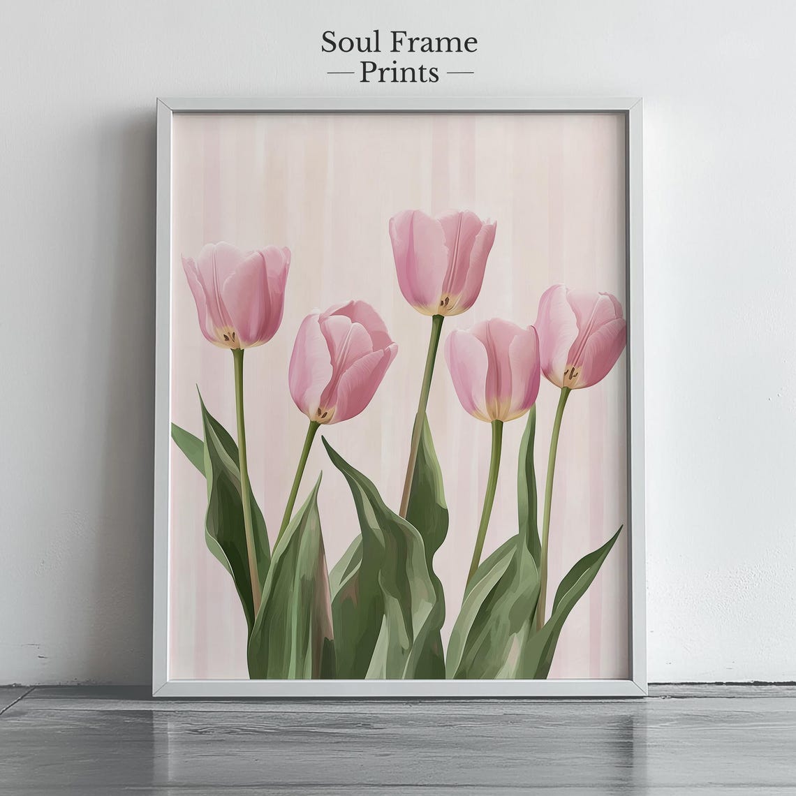 Pink Tulip Flowers Painting Poster In Minimalist Spring Style