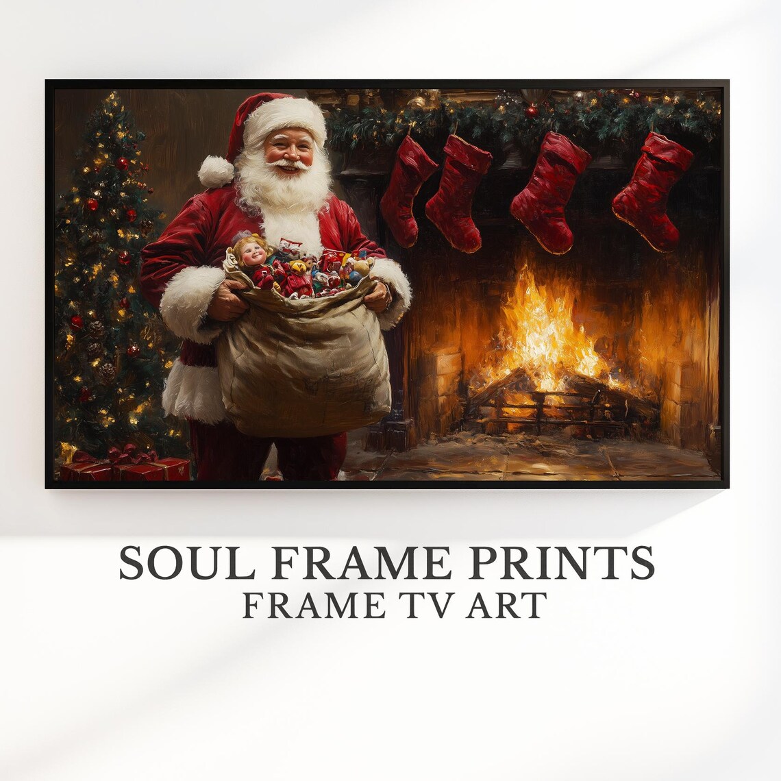 Santa Claus By Fireplace With Toy Sack Vintage Christmas Poster